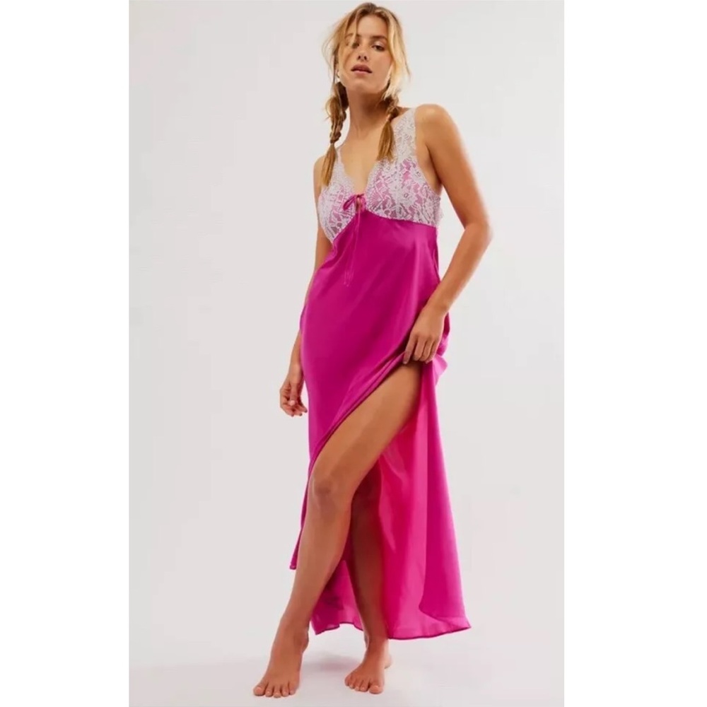Free People Countryside Lace Satin Maxi Slip Dress Sexy Leg Slit Lingerie